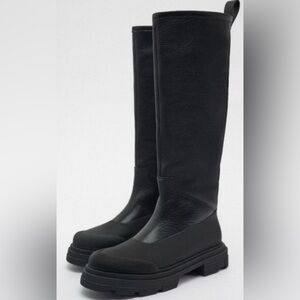 ZARA Faux Shearling Lined Mid-Calf Leather Boots Black Lug Sole Sz 38 / 7.5 $189